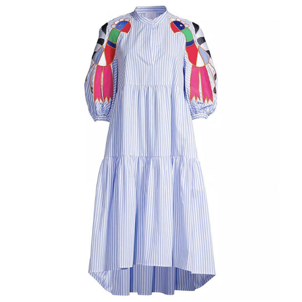 Stella Jean Blue Striped Midi Dress with Colorful Sleeves
